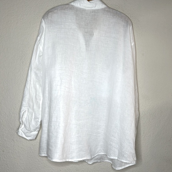 Magaschoni 100% Linen Oversized Roll Tab Sleeve Collared Button Up Top White MED - Picture 8 of 9